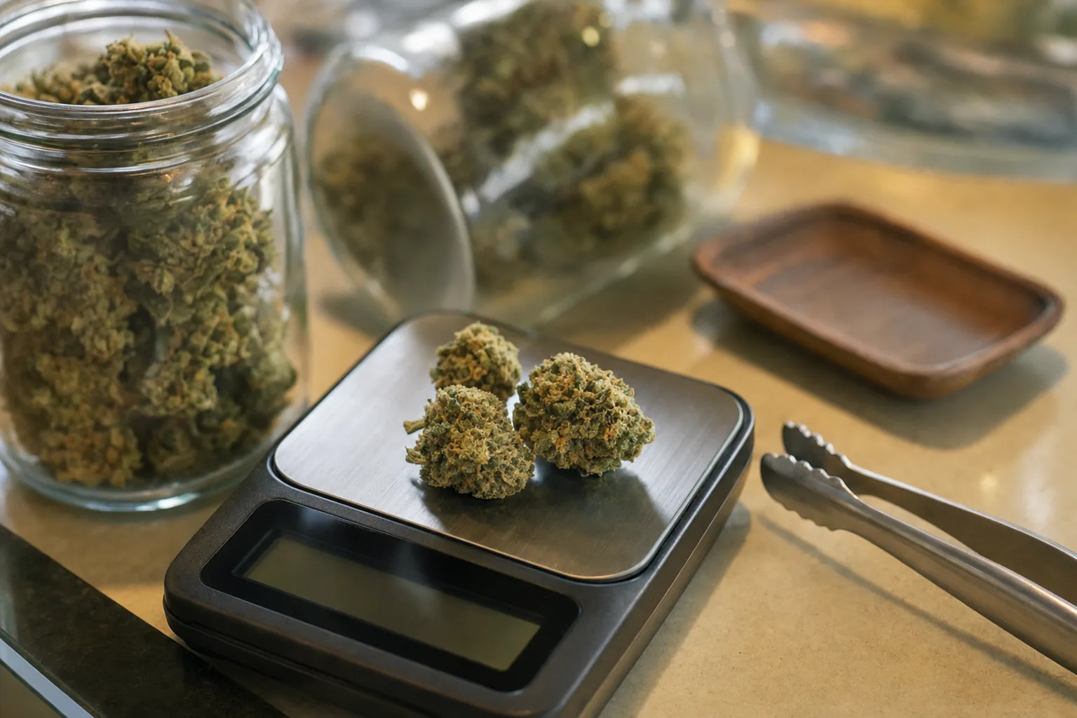 Cannabis flower on a small digital scale beside glass jars on a dispensary counter, part of a budtender's daily work.