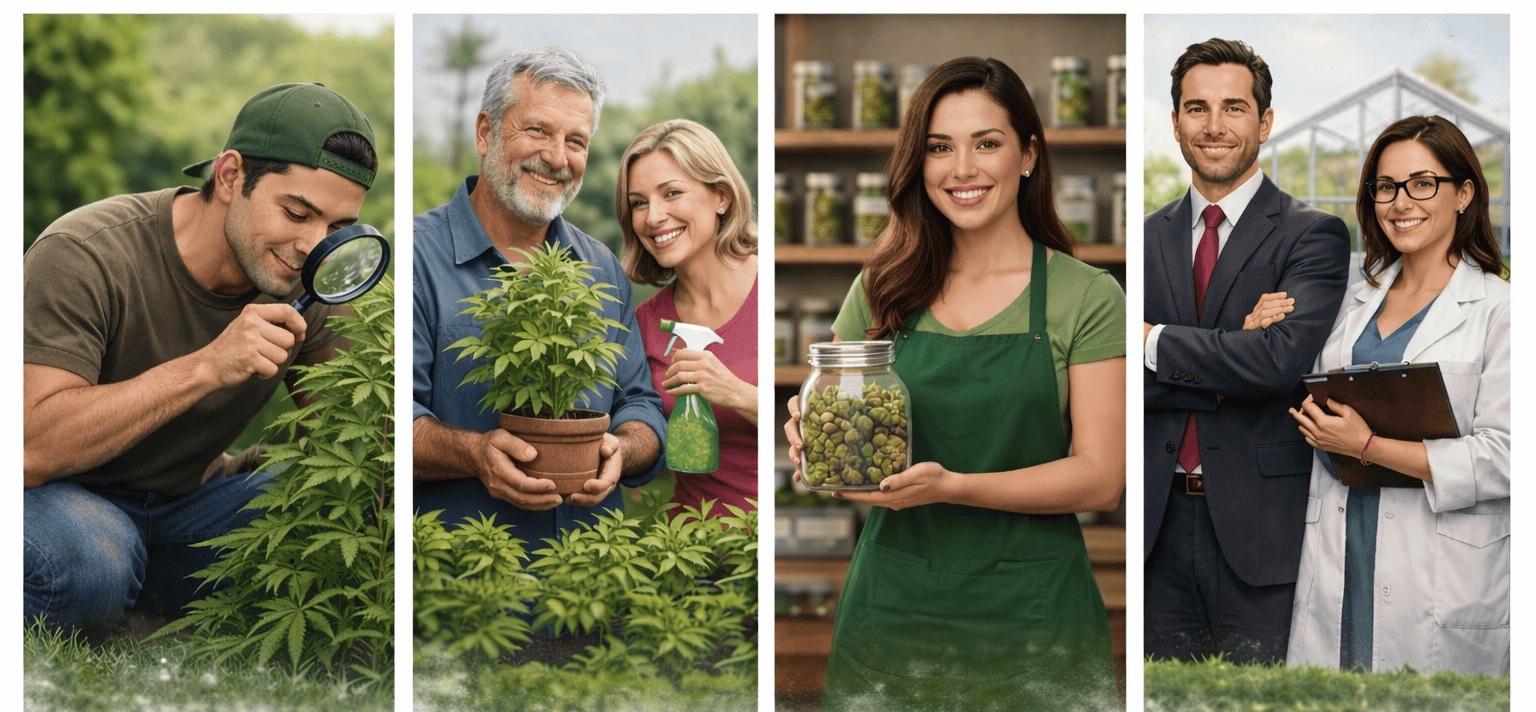 Home growers, gardeners, a dispensary worker and cultivation professionals with cannabis plants
