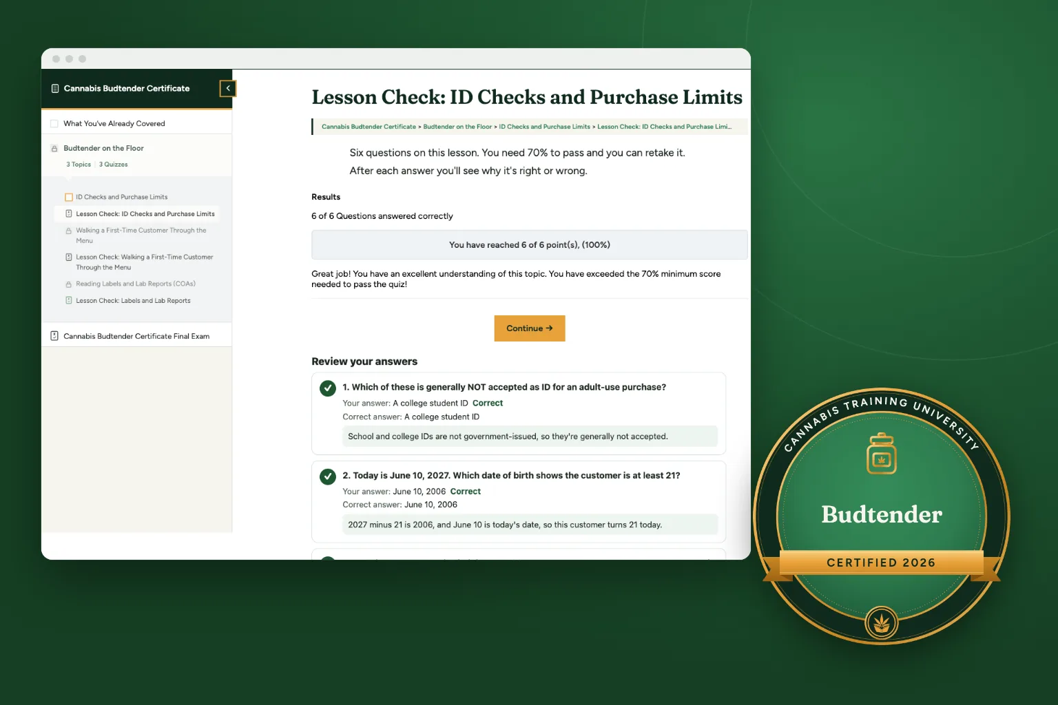 A Cannabis Budtender Certificate lesson check on ID checks and purchase limits, with the Budtender digital badge from Cannabis Training University